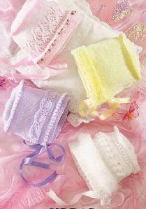 Sirdar 1748 Bonnets In Sirdar Snuggly DK Or 4 Ply. For Preemie to 2 years. Uses #1 and #3 weight yarn.